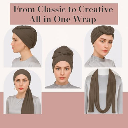 Premium Bamboo Jersey Hijab Scarves -Turban Head Wraps for Women, Fashion Headbands Long Plain Muslim Shawls - color: Brown