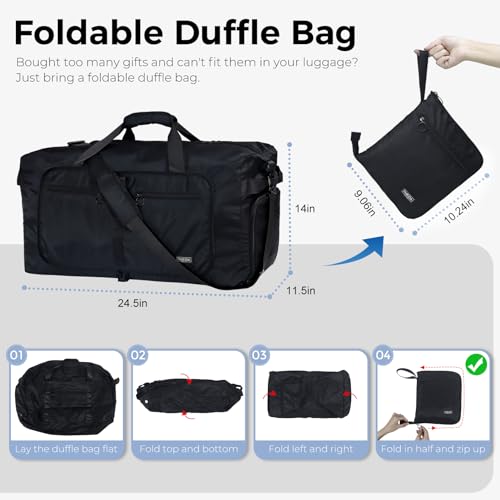 Fmeida 65L Duffle Bag with Shoes Compartment, Foldable Travel Duffel Bags for Men Women, Large Packable Travel Bag Water Repellent & Tear Resistant (Black) - color: Glossy Black