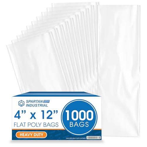 4" X 12" Open-End Flat Poly Bags (1000 Count) - 2 Mil Clear | Heat-Sealable Plastic Bags for Packaging, Shipping, Storage - No Adhesive Strip - Spartan Industrial - size: 4" X 12"