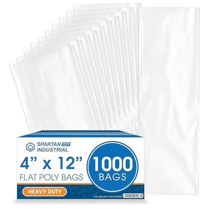 4" X 12" Open-End Flat Poly Bags (1000 Count) - 2 Mil Clear | Heat-Sealable Plastic Bags for Packaging, Shipping, Storage - No Adhesive Strip - Spartan Industrial - size: 4" X 12"