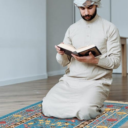 Muslim Prayer Rug, Soft Plush Thin Islamic Prayer Mat, Travel Janamaz, Sajada Tassel Praying Carpet, Ramadan Eid Hajj Gift - color: Blue