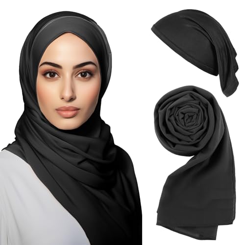 Hijab Scarf for Women Instant Hijab Scarves and Undercap Set, Chiffon Muslim Head Scarf Islamic Solid Long Shawl - color: Black