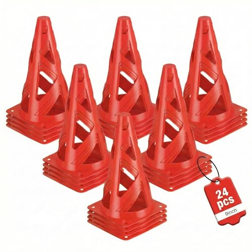 24 Pack Soccer Cones, 9 Inch Agility Cones for Soccer, Football, Basketball, Cones for Sports Training, Speed & Agility Drills, Field Marking Equipment - color: red