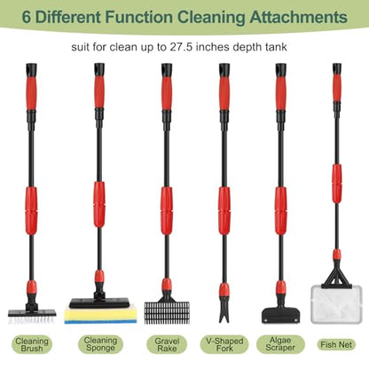 hygger Easy Clean Fish Tank Cleaner, 6 in 1 Aquarium Cleaning Tools Kit with Extendable Handle Algae Scraper Sponge Scrubber Firm Scrub Brush Fish Net Gravel Rake for Acrylic & Glass Tank - size: M(Extendable Handle)
