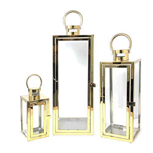 Allgala 3-PC Lantern Set 23 Inch Jumbo Deluxe Modern Indoor/Outdoor Candle Lantern Set Stainless Steel Frame Tempered Glass Rectangular Gold Color for Garden Poolside Fireplace Wedding - color: Cuboid Gold