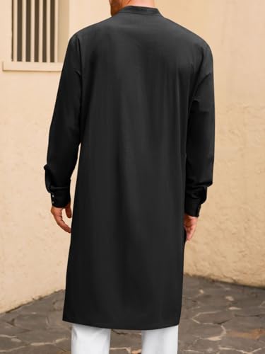 Runcati Mens Kaftan Robe Button Down Long Sleeve Cotton Linen Thobe Casual Muslim Gown Henley Shirt - color: Black, size: X-Large