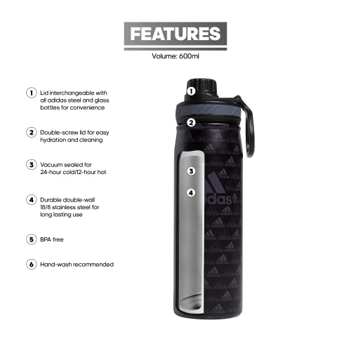 adidas Stainless Steel Metal Water Bottle 20 oz (600 mL) Screw Cap - color: Bos Mini Monogram Black/Black/Onix Grey