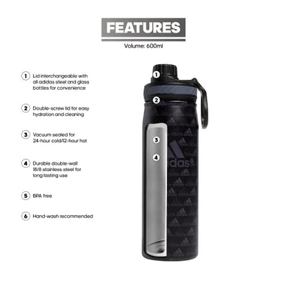 adidas Stainless Steel Metal Water Bottle 20 oz (600 mL) Screw Cap - color: Bos Mini Monogram Black/Black/Onix Grey
