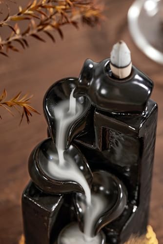Unique Cascading Basins Ceramic Waterfall Incense Holder, Paired with a Pack of Backflow Incense Cones. (Black) - color: Black