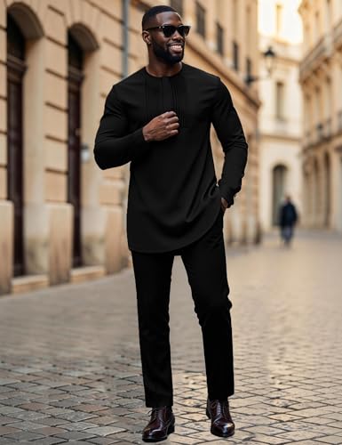 Mens African 2 Piece Set Nigerian Dashiki Traditional Suit Pleated Snap Button Shirts and Pants Outfit - color: Black, size: X-Large