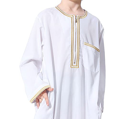 OBEEII Boy's Muslim Arab Solid Color Thobe Long Sleeve Kaftan Embroidered Robe Islamic Arabic Abaya Thobe - color: White, size: 5-6 Years