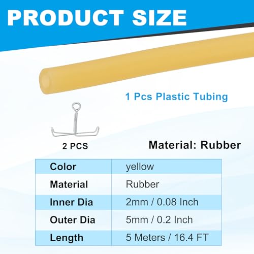 PATIKIL Rubber Tubing, 2mmx5mmx5m Tubing Tube with Hose Clamps, Soft Hose Line Pipe for Multipurpose Industrial Aquarium, Yellow - size: 2mmx5mmx5m