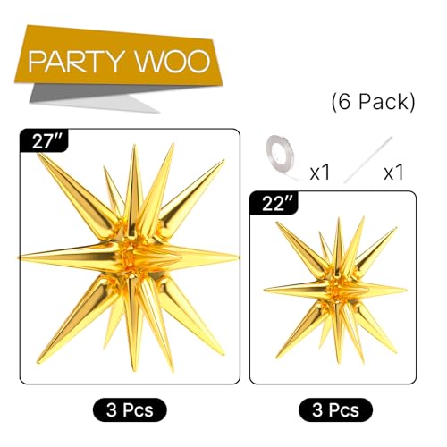 PartyWoo Metallic Gold Star Spike Foil Helium Mylar Balloons 6pcs - color: Gold, size: 6 PCS - 27&22 Inch