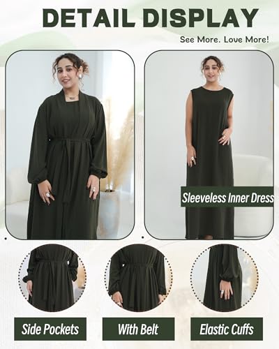 Women's Muslim Dress Two Pieces Set Islamic Prayer Abaya Modest Solid Color Muslim Outfits - color: Army Green Abaya, size: Small
