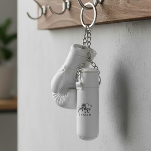 Mini Boxing Glove & Punching Bag Keychain Set – PU Leather Keyring Sports Lovers Gift & Gifts For Men (3 pcs) - color: White