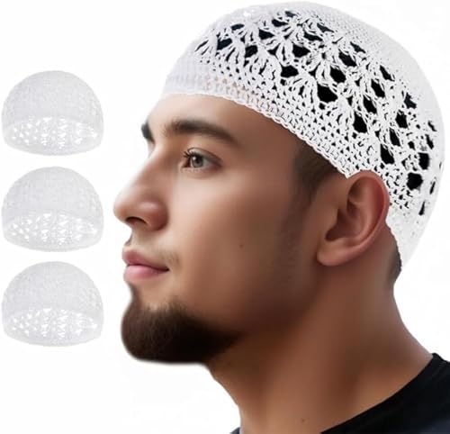 3pcs Knit Kufi Hats for Men Muslim Prayer Cap Islamic Ramadan Eid Taqiyah Cap Koofi Topi Beanie Skull Hat Under Hat - color: White