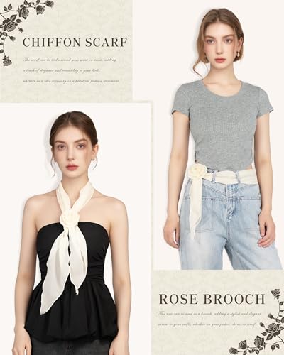 Chiffon Scarf for Women, Removable Flower Neck Scarf Light Soft Fashion Rose Scarves Versatile Headband or Hair Band - color: Cream