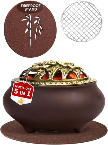 Charcoal Incense Burner for Bakhoor & Resin – Ceramic Frankincense Burner with Lid, Stainless Steel Mesh and Heat-Resistant Cotton Lining for Daily Ritual, Matte Brown - color: Brown
