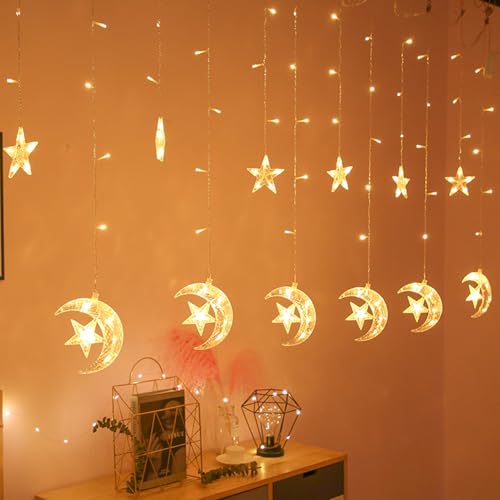 Christmas Window Lights Decorations Moons Star Curtain String Lights Plug in with 8 Flashing Modes Decoration for Christmas Bedroom Wall Wedding Outdoor Party Ramadan Decorations（8.2ft） - color: Warm White
