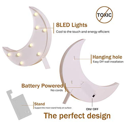 Pooqla Decorative LED Crescent Moon Marquee Sign - Moon Marquee Letters LED Lights - Nursery Night Lamp Gift - Ramadan Decorations for Home(White)
