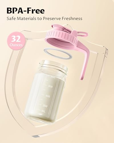 Mason Jar Pitcher Set of 2, 32oz (1quart) Glass Breast Milk Pitcher with Lid - color: Green & Pink, size: 32 Ounces