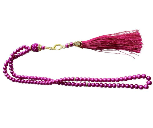 Tasbih Muslim Prayer Praise Beads, 6mm 99 Beads Glass Pearl Muslim Rosary Bracelet with Tassel, Natural Bead Pearls Tassel Pendant, Men Women Meditation Jewelry (Rose Red) - color: Rose Red