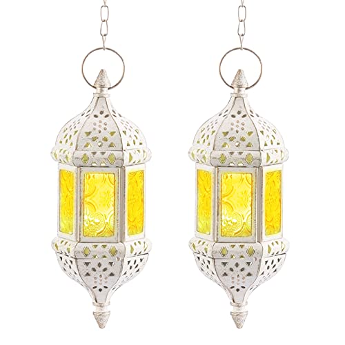 2 Pcs Moroccan Lantern Metalwork Hanging Tealight Candle Holder Metal Glass Indoor Outdoor Battery Operated LED Flameless with 35cm Chain, White | Hollow Metal Design, Include 35 cm Hanging Chains, Retro Silhouette, for Weddings, Patios, Indoor Decor - co