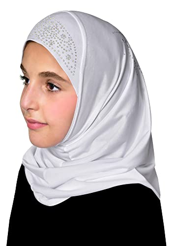 Aiyah Hijab for Girl's 1 piece Elastane-Spandex Amira Head Scarf with Rhinestones Easy Pull-on Headscarf - color: Medium - White, size: Medium