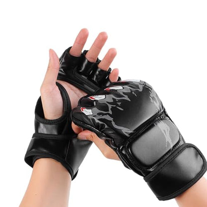 HERCHR MMA Gloves Sparring Hybrid Open Palm Martial Arts Mitts Men Women Leather Wrist Support Sports Boxing Glove Training Muay Thai(Black)
