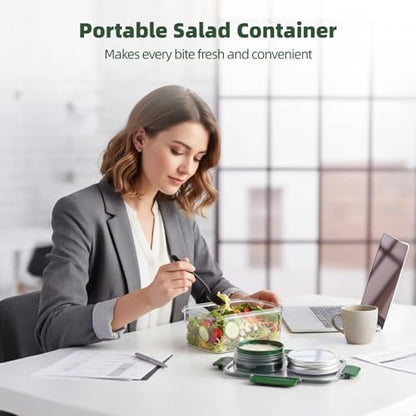 Portable Salad Container, Leakproof Salad Pod with Dressing Cup & Fork, Separate Food Compartments, Plastic Meal Prep Box, Dishwasher Safe, Ideal for Office, Travel, Picnic & Gatherings (Green)