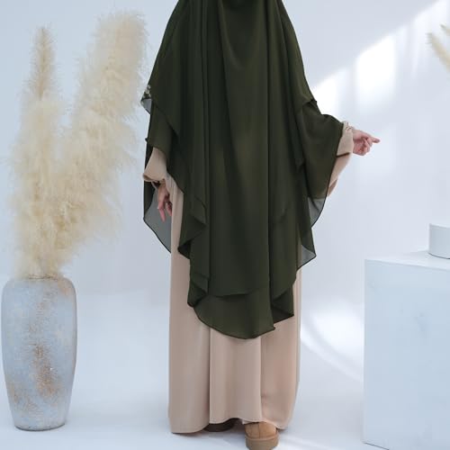 SYANKANGXIAO Ramadan Eid Khimar Abaya Turkey Islam Muslim Chiffon 2 Layers Long Hijab Dress Prayer for Women Full Cover Robe - color: Army