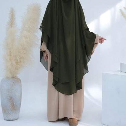 SYANKANGXIAO Ramadan Eid Khimar Abaya Turkey Islam Muslim Chiffon 2 Layers Long Hijab Dress Prayer for Women Full Cover Robe - color: Army