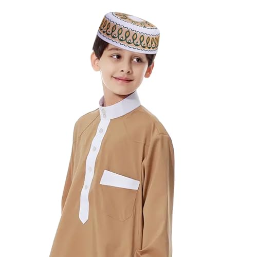 RUIXIA Men Boys Muslim Prayer Kufi Hat Skull Cap Embroidery Islam Kufi Headware takke Praying Beanie Hat Kofia Topi Hat - color: Yellow/White--kids 7-10yrs