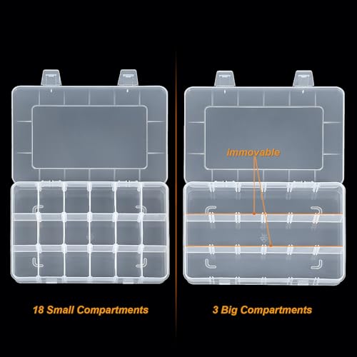 CGCG 3-Pack 18-Grid Clear Plastic Beads Organizer Box 7.9x5.8 | Multi compartment container case with adjustable dividers for small crafts, jewelry, fishing tackle, nail charm stickers