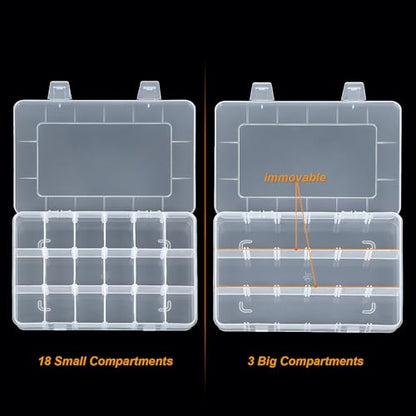 CGCG 3-Pack 18-Grid Clear Plastic Beads Organizer Box 7.9x5.8 | Multi compartment container case with adjustable dividers for small crafts, jewelry, fishing tackle, nail charm stickers