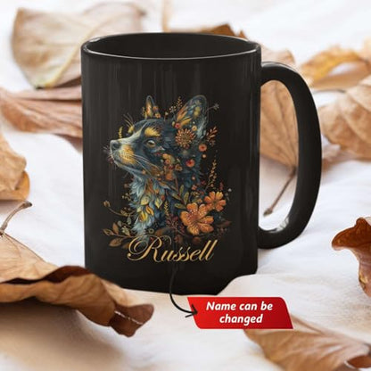Personalized Dog Floral Coffee Mug, Custom Name Animal Themed Cup, Flower Mug For Daughter, Customized Pet Lovers Ceramic Cup, Dog And Floral Design Black Mug 11oz 15oz, Dog Cup - color: THU-924-1958-Dog