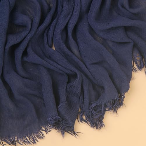 Cotton Linen Plain Hijab Scarf For Women,Muslim Viscose Crinkle Edge With Fringe,Summer Beach Wrap Headwraps Shawl - color: 55#navyblue