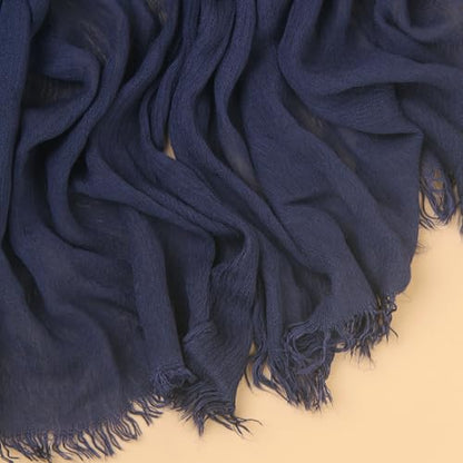Cotton Linen Plain Hijab Scarf For Women,Muslim Viscose Crinkle Edge With Fringe,Summer Beach Wrap Headwraps Shawl - color: 55#navyblue