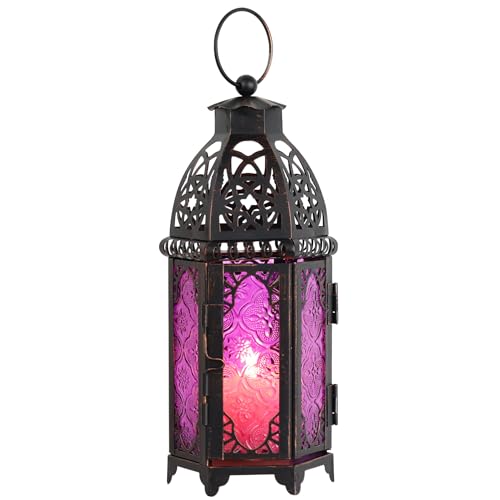 NEEDOMO Halloween Decorations,11'' Moroccan Lanterns Decorative Indoor & Outdoor, Vintage Christmas Candle Holder, Metal Lanterns Decorative, Table, Patio, Porch, Shelf, Christmas Spring Home Decor - color: Purple, size: Medium