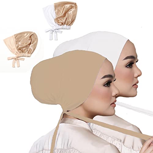 Women Under Scarf Hat Hijab Undercap Islamic Muslim Under Scarf Hijab Cap with Tie-Back Closure - color: White2+beige2