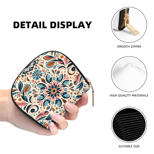 Scandinavian Folk Art RFID Blocking Semi Circle Card Holder PU Leather Zipper Wallet Pouch Keychain Bag for Women Men, Slim Small Credit Card Case Organizer with 12 Slots - color: Scandinavian Folk Art