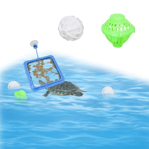 Turtle Aquarium Accessories, Tortoise Habitat Set with 1 Feeding Ring with Suction Cup 4 Nitrifying Balls and 4 Feeding Ball, Toys for Aquatic Turtles, Turtle Supplies
