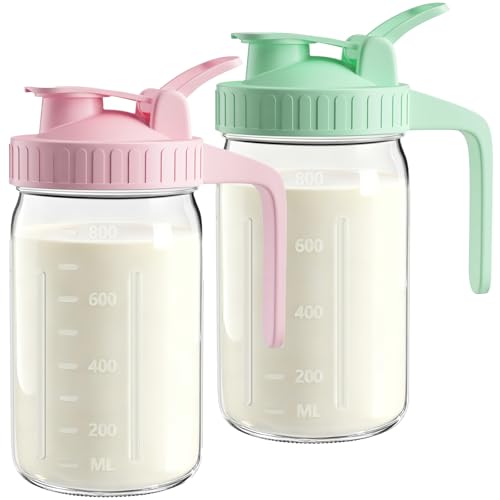 Mason Jar Pitcher Set of 2, 32oz (1quart) Glass Breast Milk Pitcher with Lid - color: Green & Pink, size: 32 Ounces