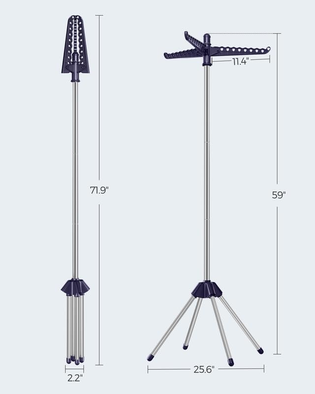 SONGMICS 의류 건조대, 149.9cm(59인치) 접이식 세탁 건조대, 행거용 회전 가능한 팔 3개, 다리 4개, 스테인리스 스틸, 옷 27피스용, 블루 및 실버 ULLR510Q01 - color: 블루 + 실버, style: 1단