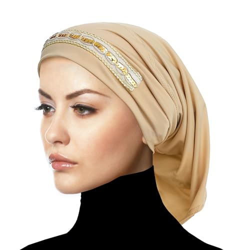 Luxor Underscarf Hijab Beanie Head Wrap Chemo Cap for Cancer Patients - color: Beige