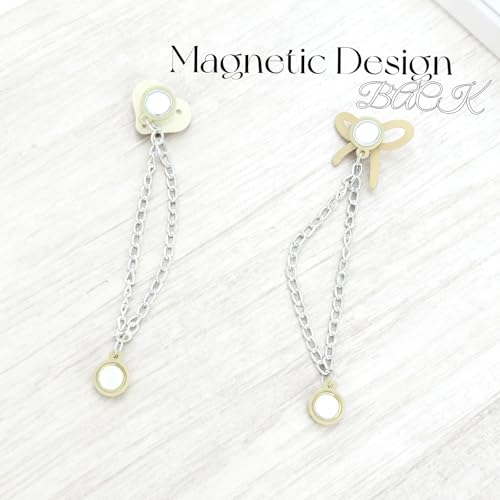 4 Pcs Silver Magnetic Clothing Clips with Chains, Heart & Bow Shape Metal Magnets for Clothes, T-Shirt Pants Hem Clips, No-Pinch Buttons for Adjusting Hem, Sleeves, Pants