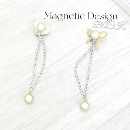4 Pcs Silver Magnetic Clothing Clips with Chains, Heart & Bow Shape Metal Magnets for Clothes, T-Shirt Pants Hem Clips, No-Pinch Buttons for Adjusting Hem, Sleeves, Pants