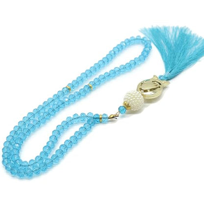 Muslim Tasbih 99 Rosary Beads with Pouch - Islamic Prayer Beads, Women's Traditional Beaded Zinc Glass Necklace - color: Blue