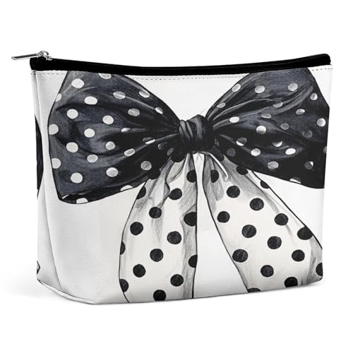 Black And White Polka Dot Bow Makeup Bag, Travel Toiletry Organizer, Cosmetic Pouch for Women, Birthday Presents for Mom Girls Women Sisters - color: Black And White Polka Dot Bow