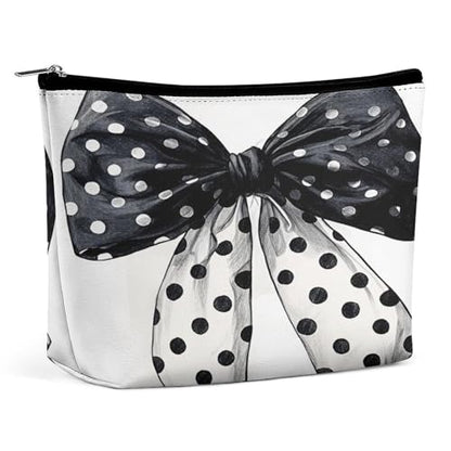 Black And White Polka Dot Bow Makeup Bag, Travel Toiletry Organizer, Cosmetic Pouch for Women, Birthday Presents for Mom Girls Women Sisters - color: Black And White Polka Dot Bow